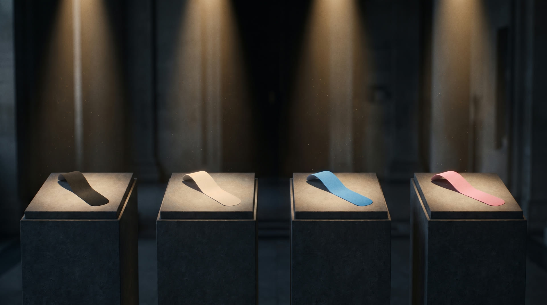 Vier Kinesiologie-Tape-Streifen in Schwarz, Beige, Blau und Pink, jeder auf einem eigenen dunklen Sockel wie in einer Ausstellung.