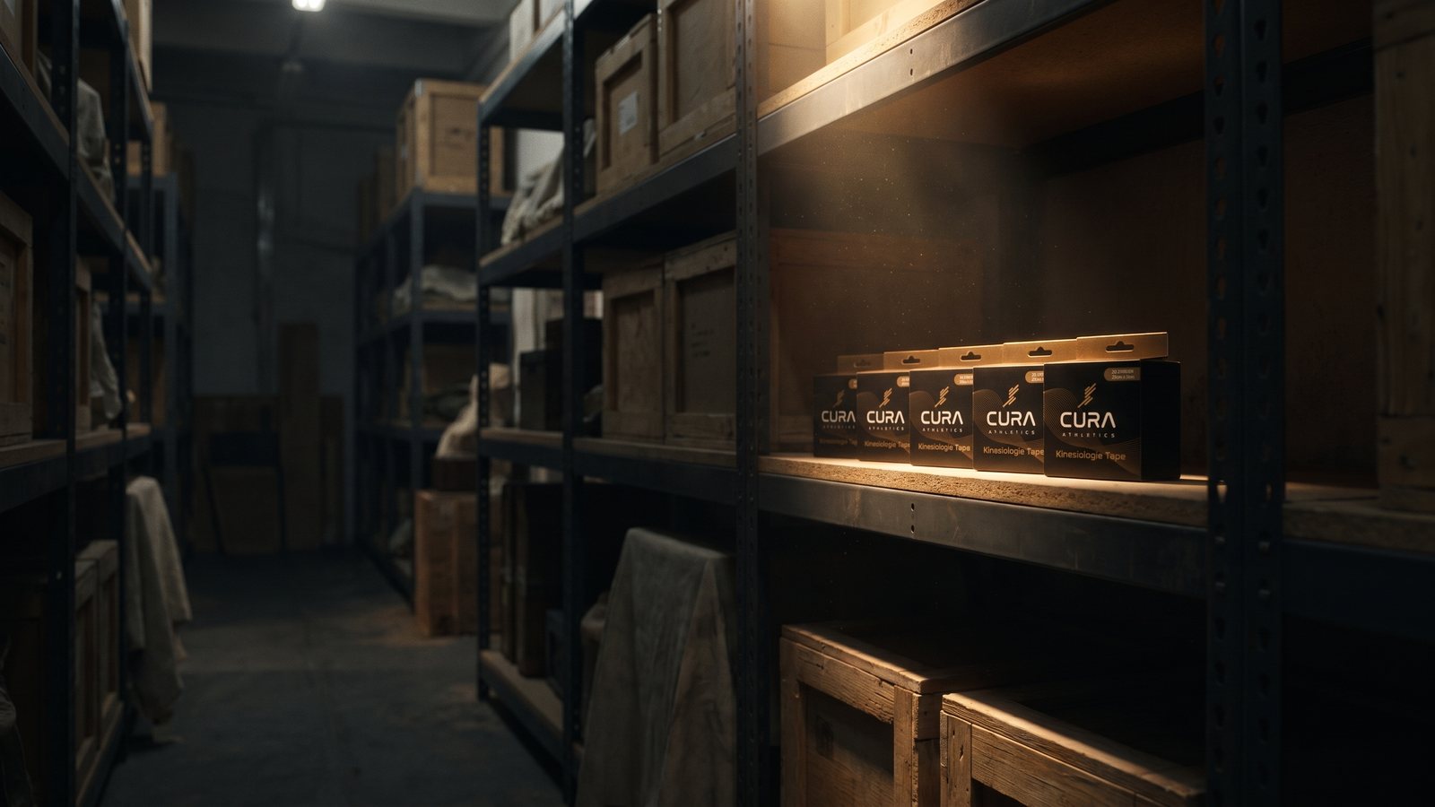 Cajas de Cura en una estantería del almacén oscuro de un museo, iluminadas por un haz de luz.