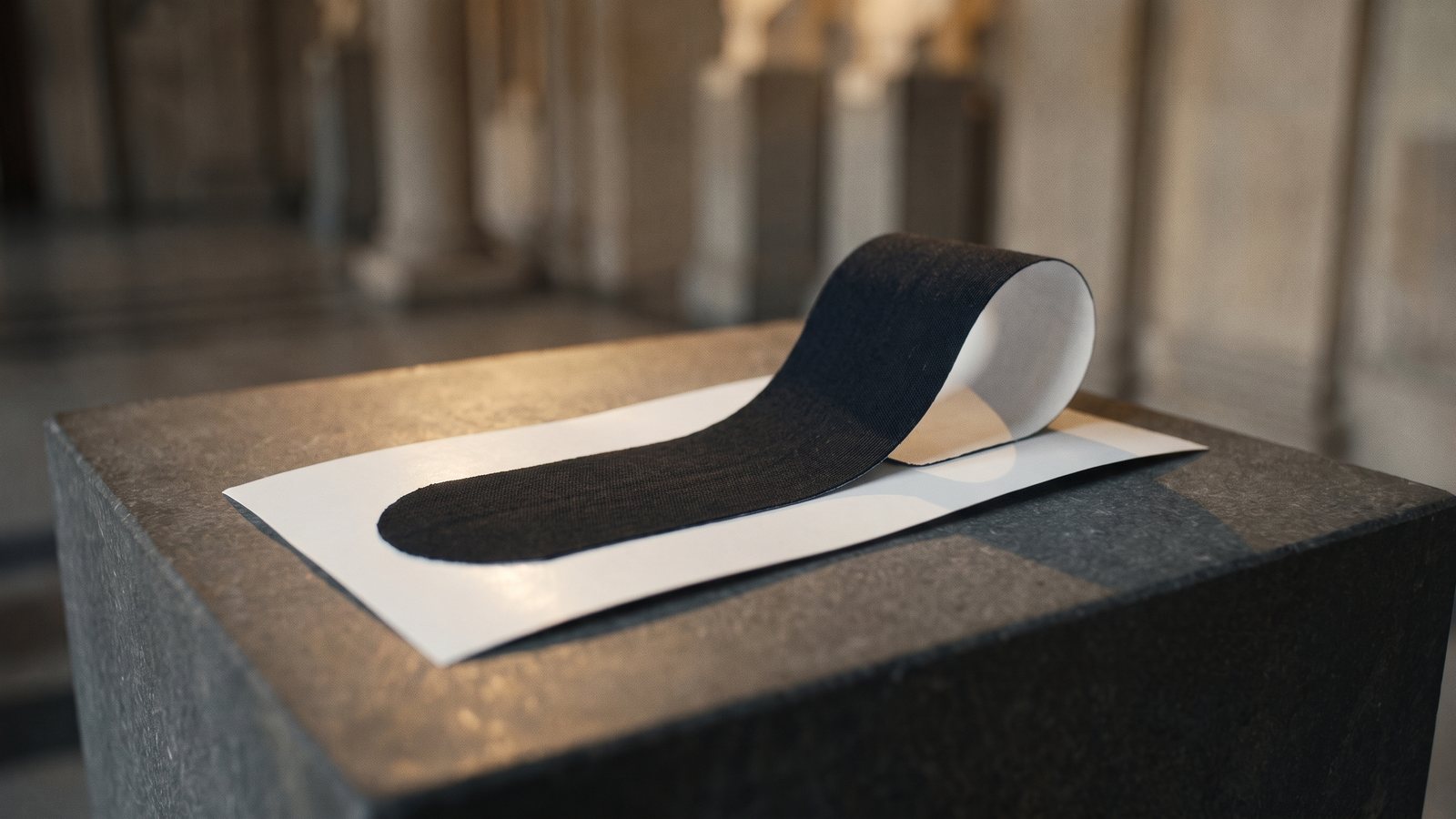 Ein schwarzer Tape-Streifen mit runden Enden löst sich auf einem Steinsockel vom weißen Trägerpapier.