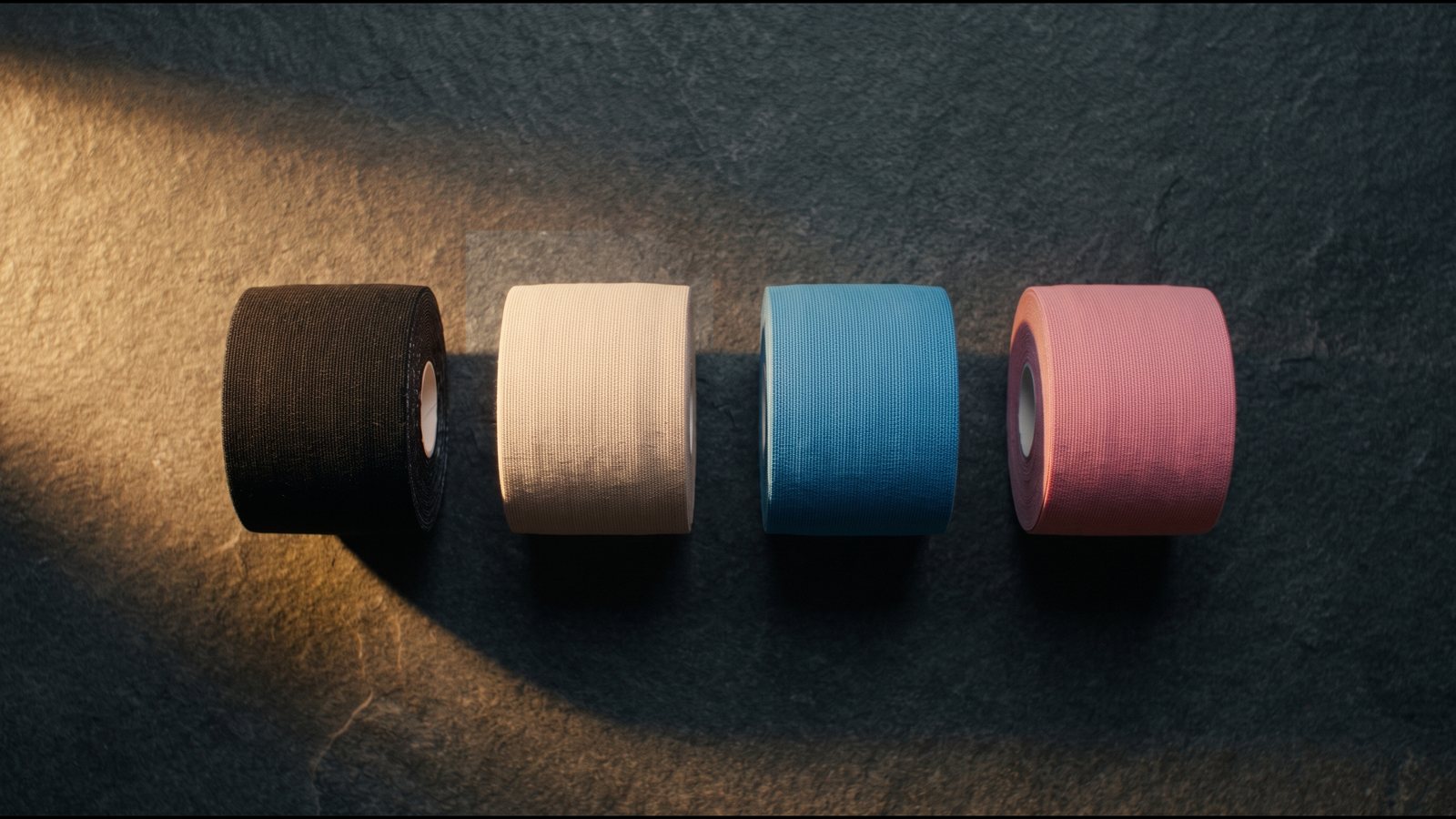 Cuatro rollos de cinta en negro, beige, azul y rosa, en fila sobre una piedra oscura.