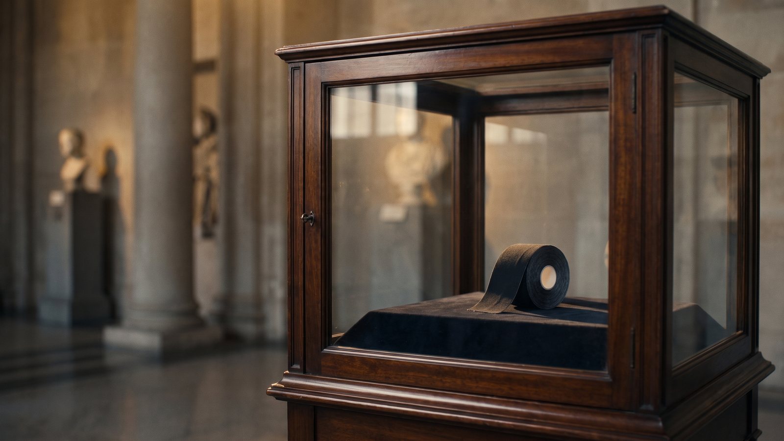 Eine schwarze Tape-Rolle liegt in einer alten Museumsvitrine aus Holz und Glas.